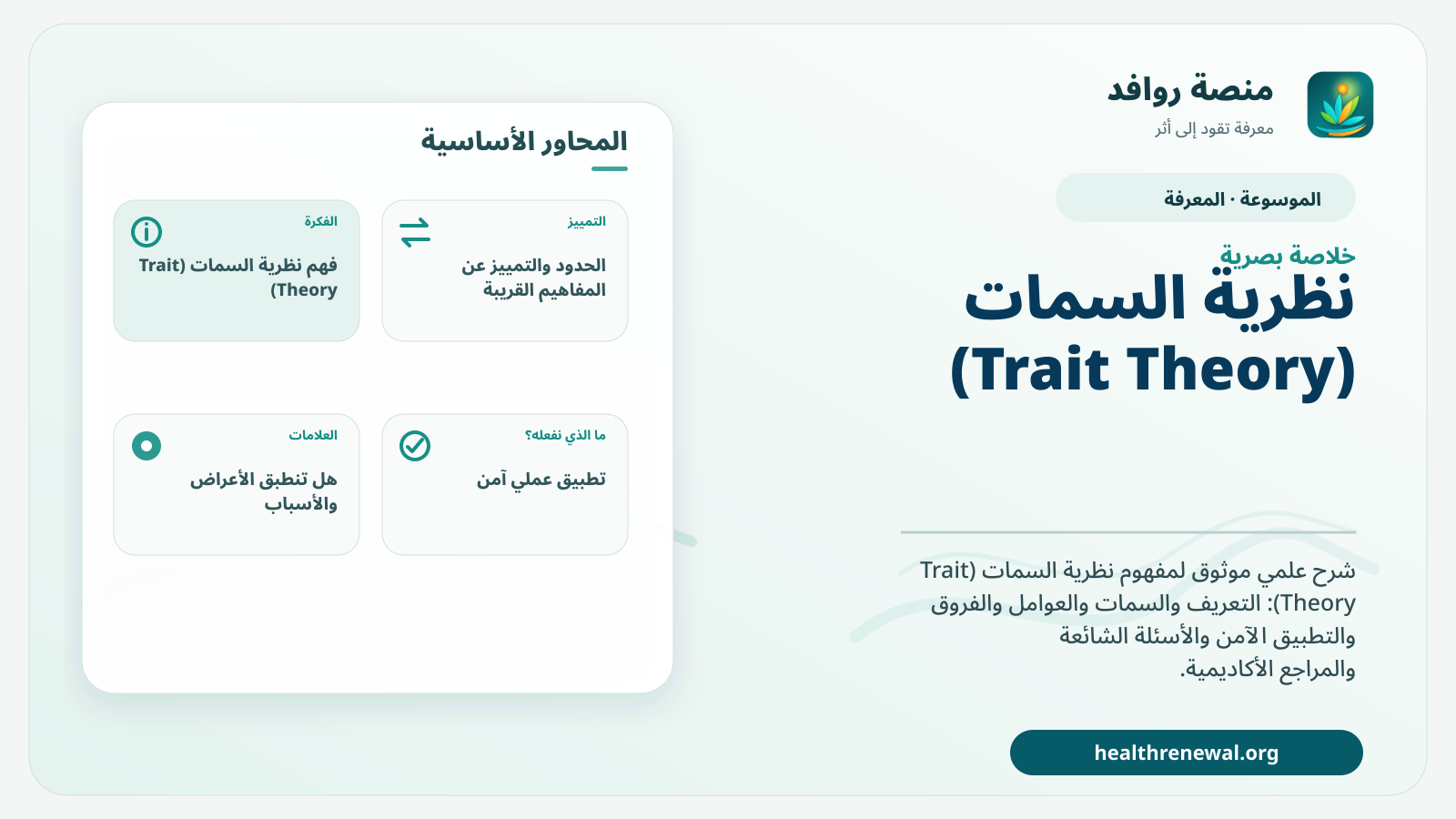 صورة بارزة من منصة روافد تلخص «نظرية السمات (Trait Theory)» بصريًا وفق محاور الصفحة الأساسية