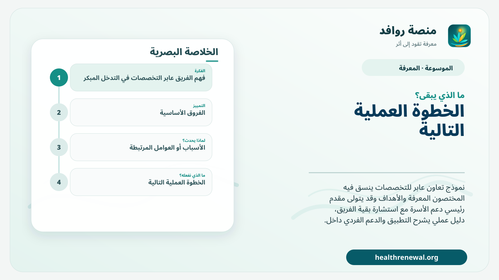 مخطط ختامي من منصة روافد يلخص «الفريق عابر التخصصات في التدخل المبكر» ويعرض أهم المحاور والخطوات التالية