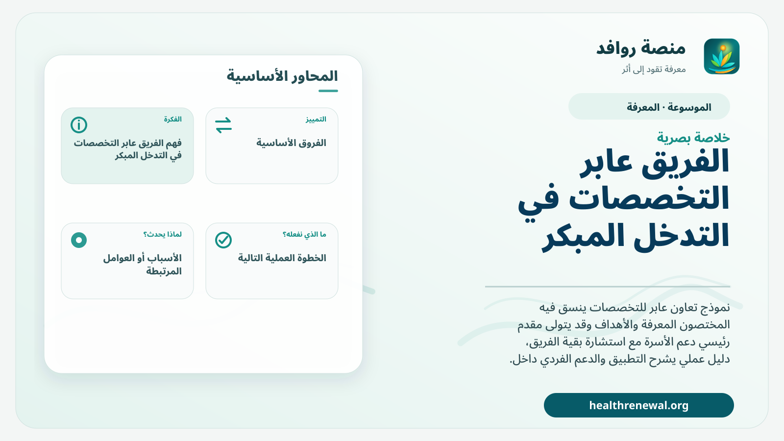 صورة بارزة من منصة روافد تلخص «الفريق عابر التخصصات في التدخل المبكر» بصريًا وفق محاور الصفحة الأساسية