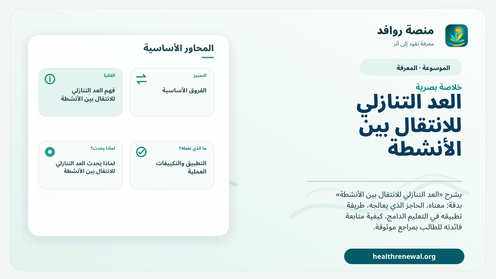 صورة بارزة من منصة روافد تلخص «العد التنازلي للانتقال بين الأنشطة» بصريًا وفق محاور الصفحة الأساسية