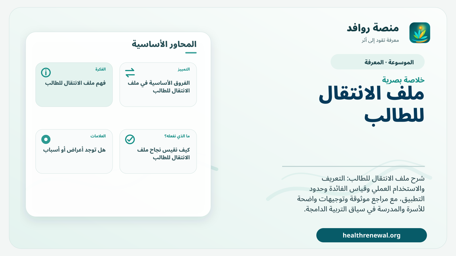 صورة بارزة من منصة روافد تلخص «ملف الانتقال للطالب» بصريًا وفق محاور الصفحة الأساسية