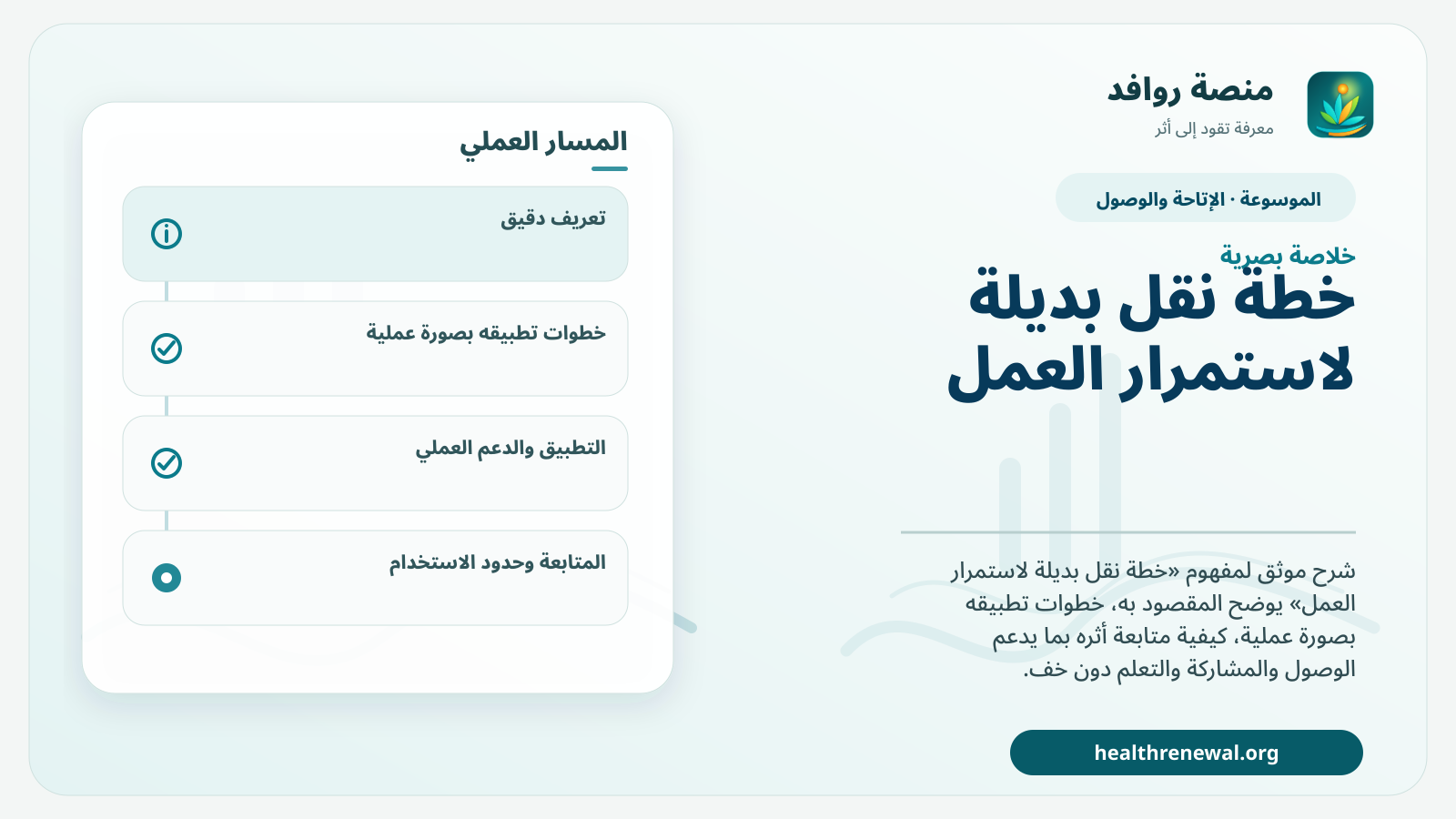 صورة بارزة من منصة روافد تلخص «خطة نقل بديلة لاستمرار العمل» بصريًا وفق محاور الصفحة الأساسية