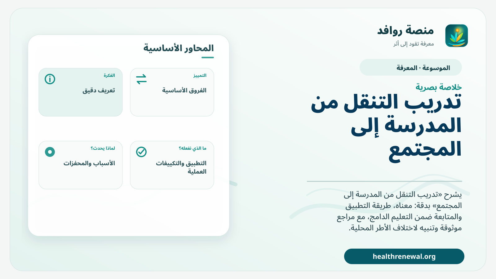 صورة بارزة من منصة روافد تلخص «تدريب التنقل من المدرسة إلى المجتمع» بصريًا وفق محاور الصفحة الأساسية