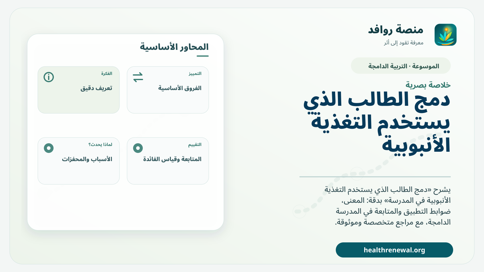 صورة بارزة من منصة روافد تلخص «دمج الطالب الذي يستخدم التغذية الأنبوبية في المدرسة» بصريًا وفق محاور الصفحة الأساسية