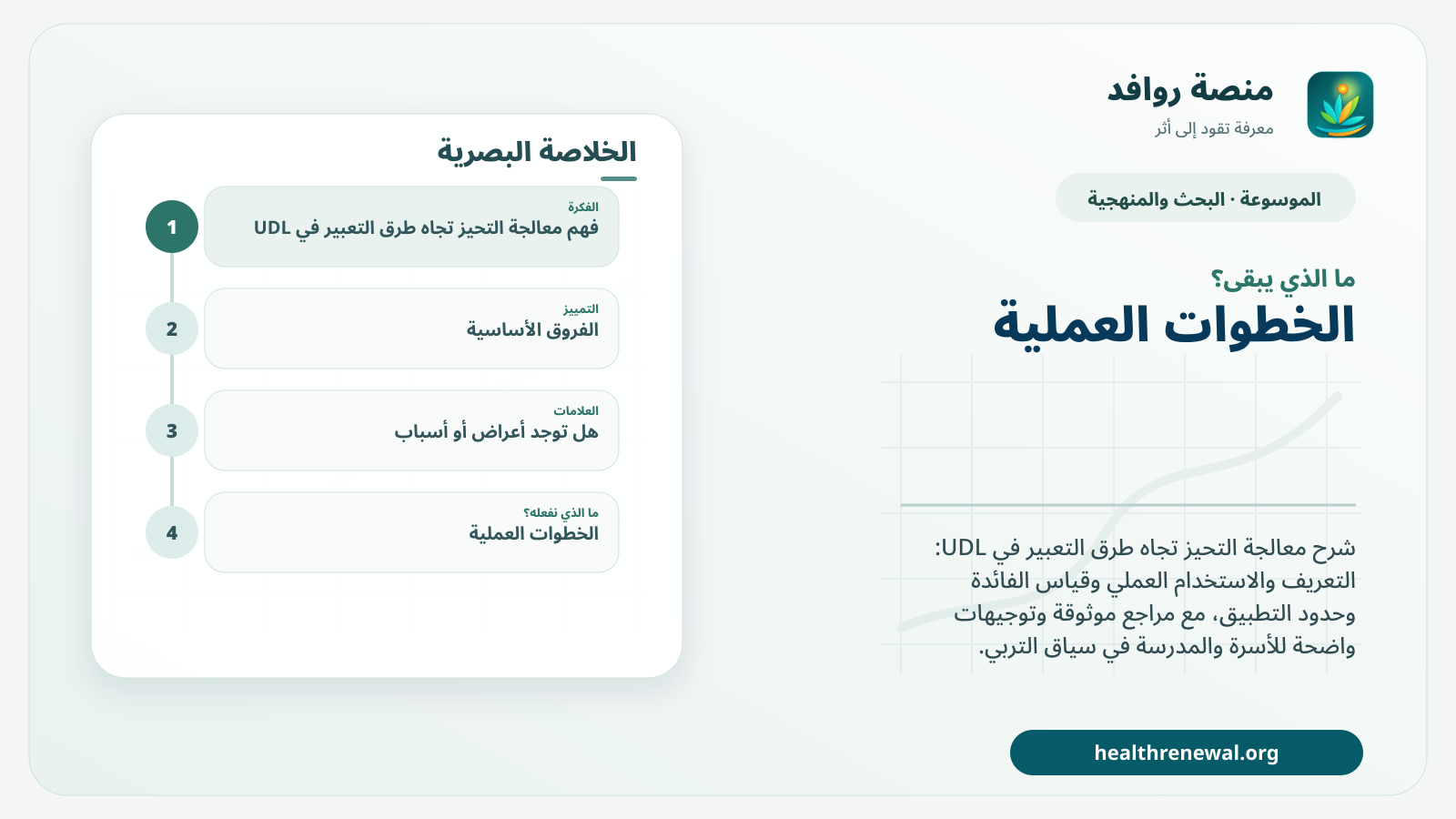مخطط ختامي من منصة روافد يلخص «معالجة التحيز تجاه طرق التعبير في UDL» ويعرض أهم المحاور والخطوات التالية