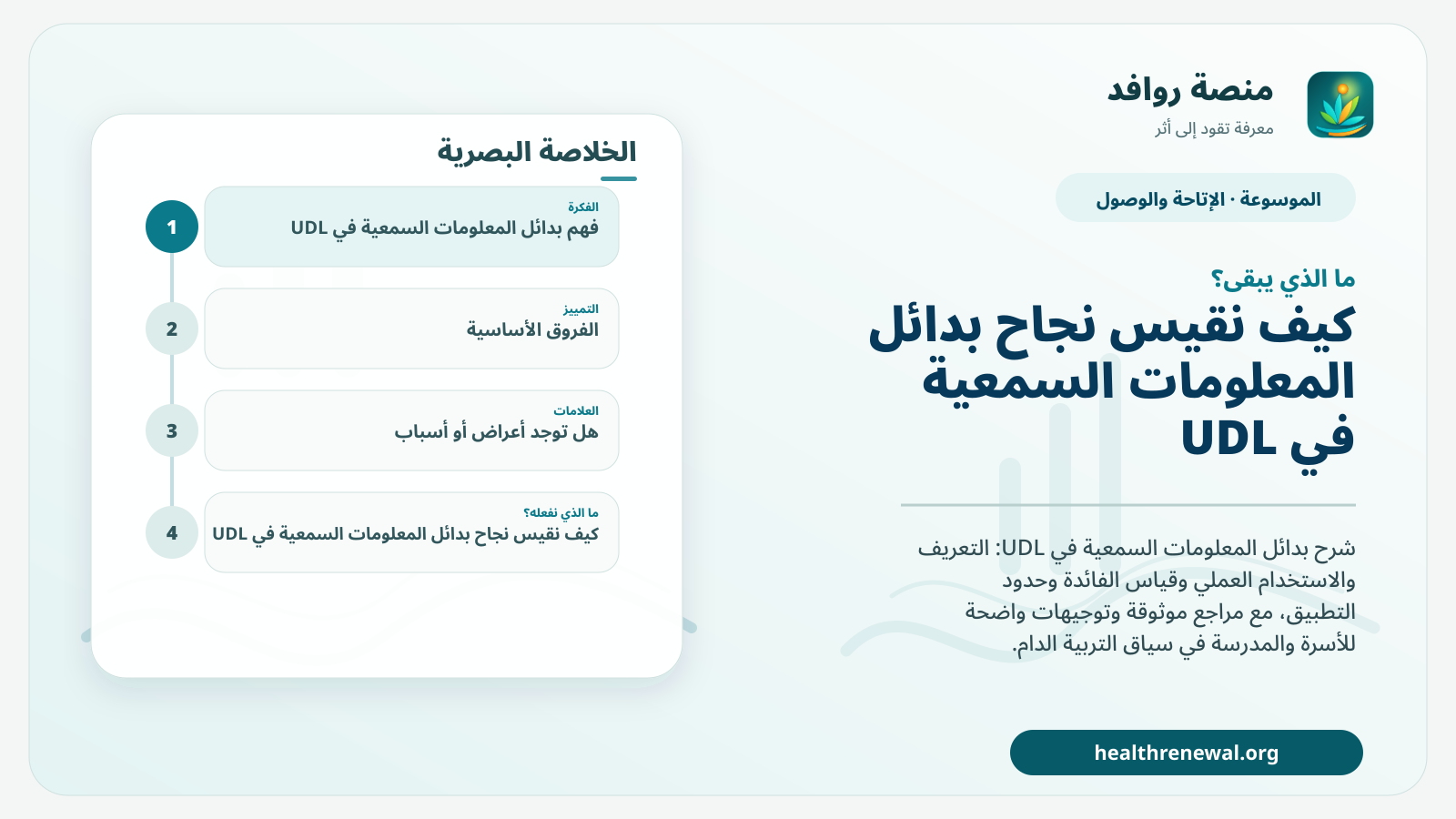 مخطط ختامي من منصة روافد يلخص «بدائل المعلومات السمعية في UDL» ويعرض أهم المحاور والخطوات التالية