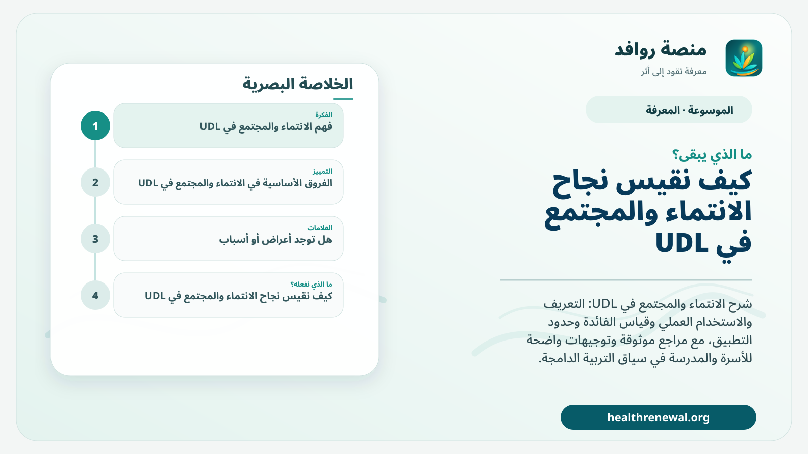 مخطط ختامي من منصة روافد يلخص «الانتماء والمجتمع في UDL» ويعرض أهم المحاور والخطوات التالية
