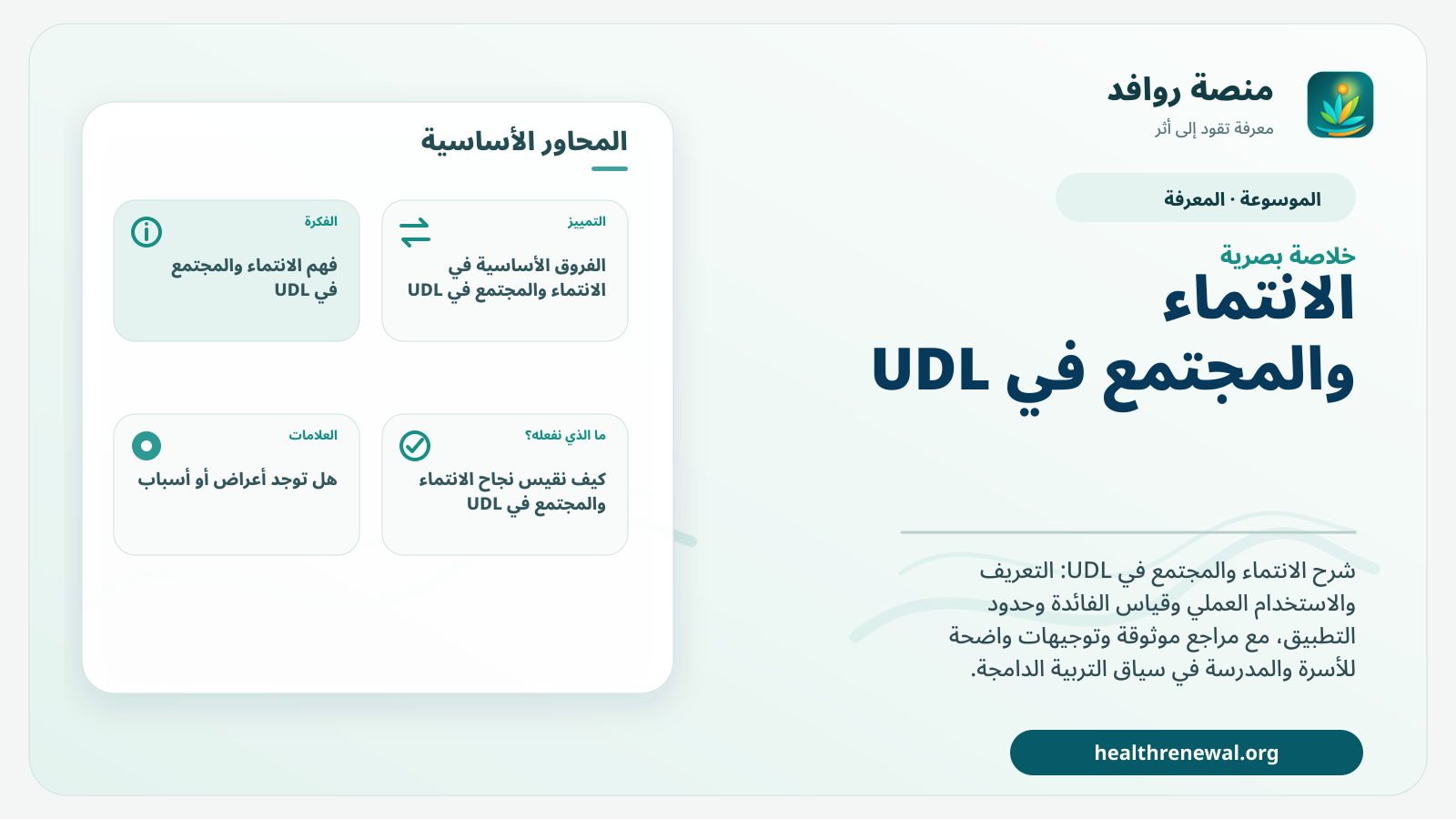 صورة بارزة من منصة روافد تلخص «الانتماء والمجتمع في UDL» بصريًا وفق محاور الصفحة الأساسية