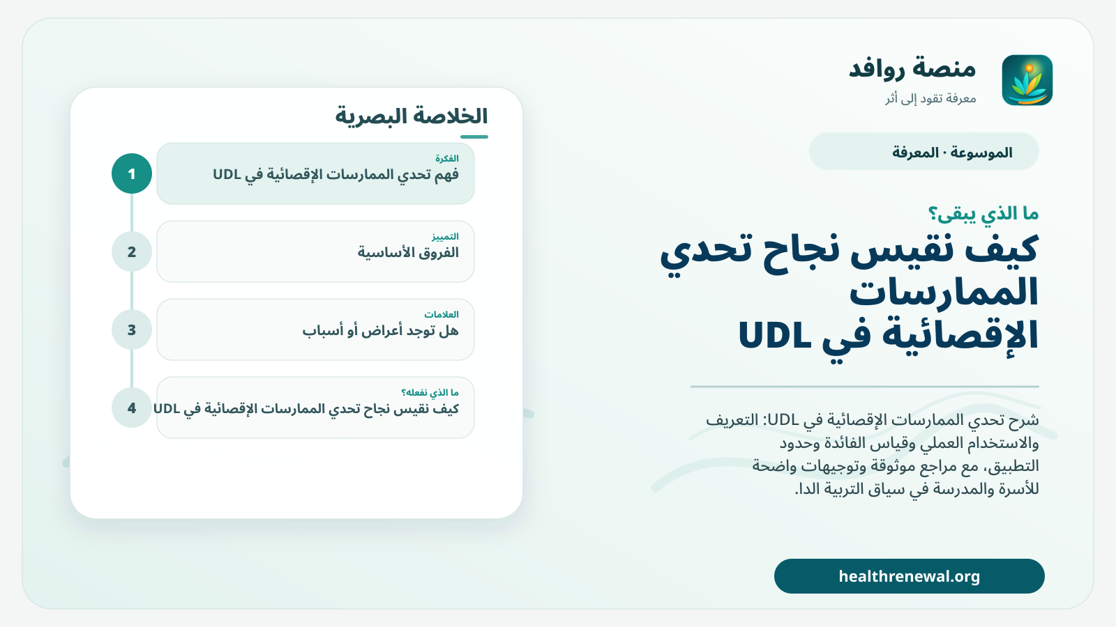 مخطط ختامي من منصة روافد يلخص «تحدي الممارسات الإقصائية في UDL» ويعرض أهم المحاور والخطوات التالية