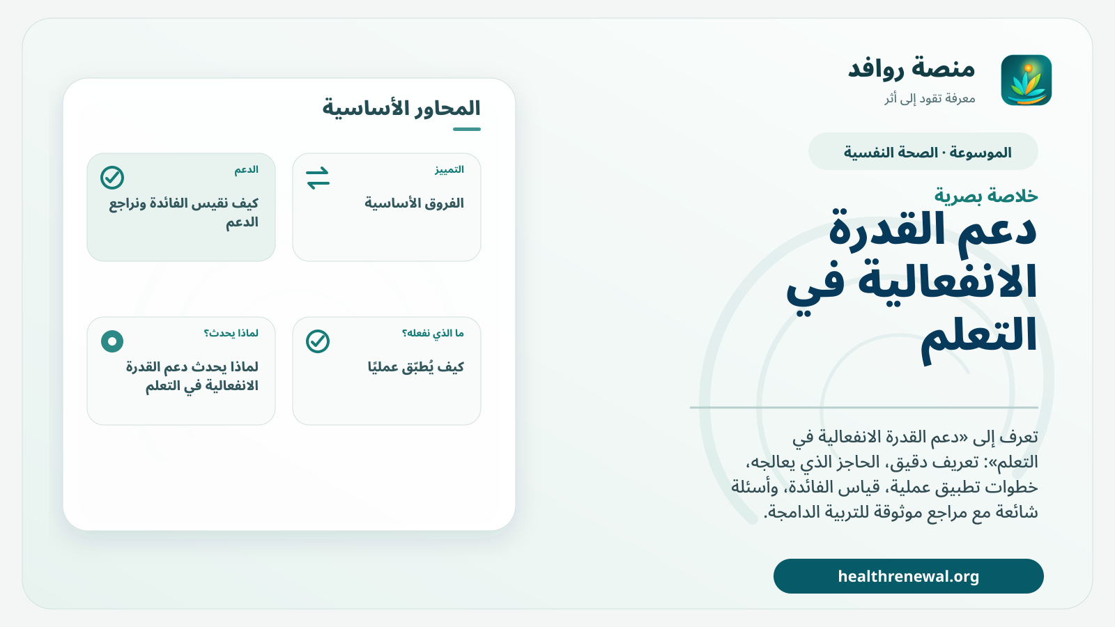 صورة بارزة من منصة روافد تلخص «دعم القدرة الانفعالية في التعلم» بصريًا وفق محاور الصفحة الأساسية