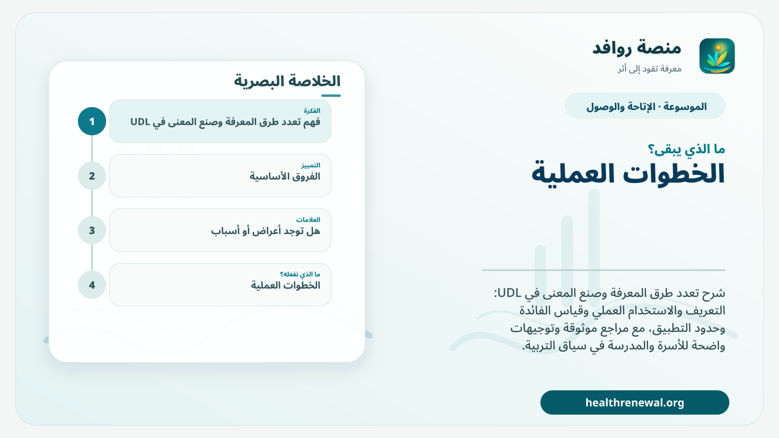 مخطط ختامي من منصة روافد يلخص «تعدد طرق المعرفة وصنع المعنى في UDL» ويعرض أهم المحاور والخطوات التالية