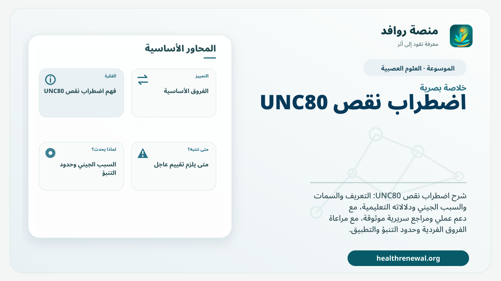 صورة بارزة من منصة روافد تلخص «اضطراب نقص UNC80» بصريًا وفق محاور الصفحة الأساسية
