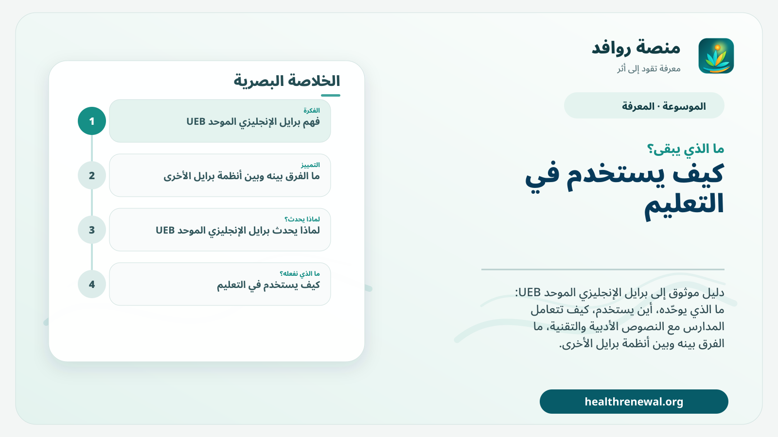 مخطط ختامي من منصة روافد يلخص «برايل الإنجليزي الموحد UEB» ويعرض أهم المحاور والخطوات التالية