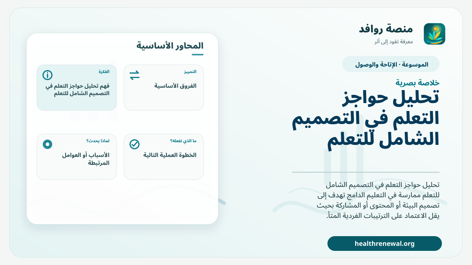صورة بارزة من منصة روافد تلخص «تحليل حواجز التعلم في التصميم الشامل للتعلم» بصريًا وفق محاور الصفحة الأساسية
