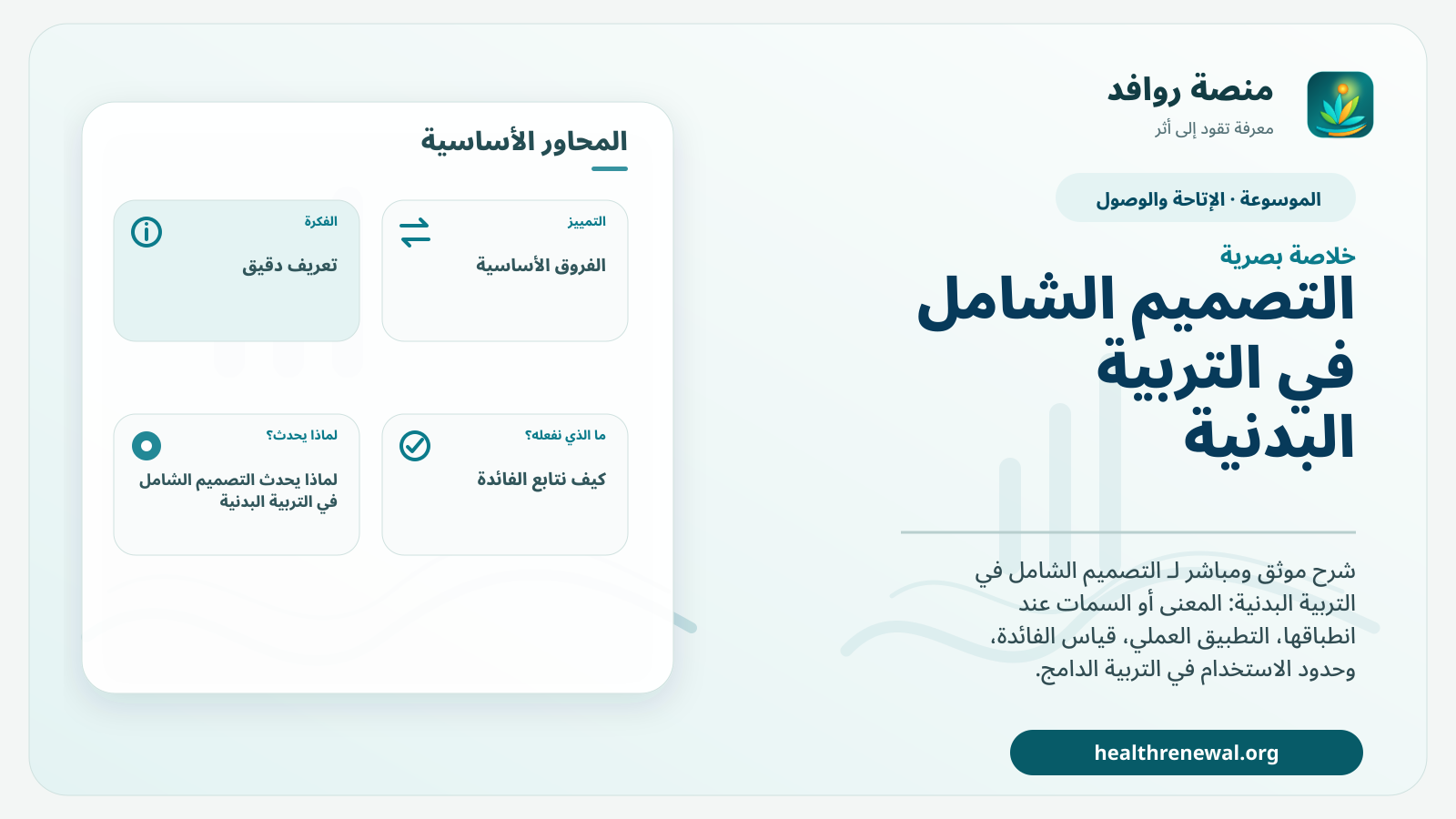 صورة بارزة من منصة روافد تلخص «التصميم الشامل في التربية البدنية» بصريًا وفق محاور الصفحة الأساسية