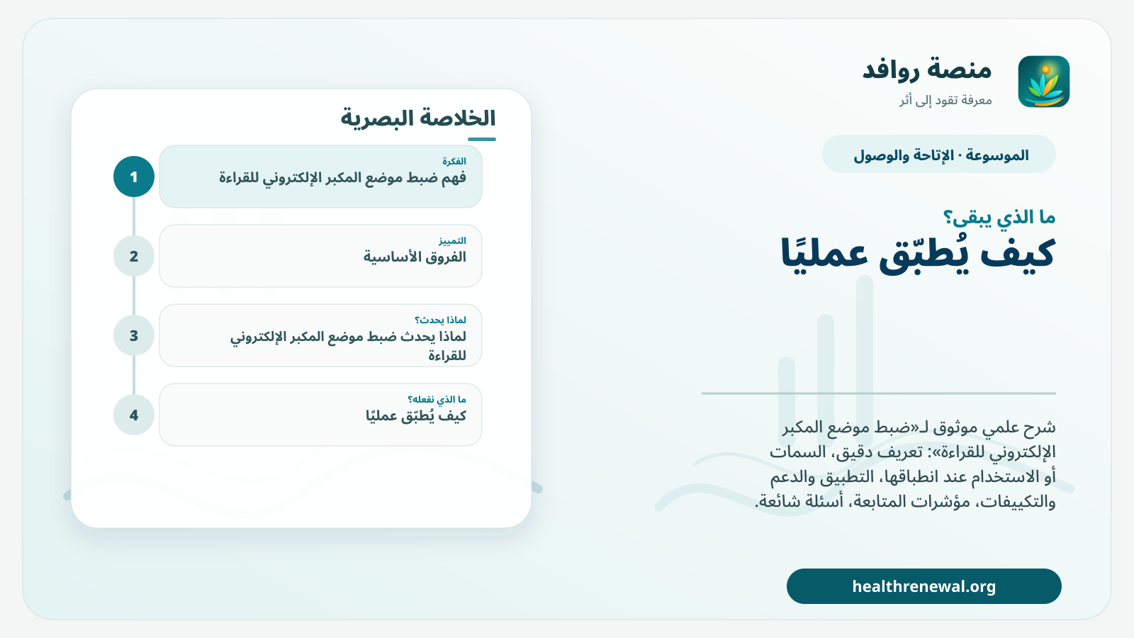 مخطط ختامي من منصة روافد يلخص «ضبط موضع المكبر الإلكتروني للقراءة» ويعرض أهم المحاور والخطوات التالية
