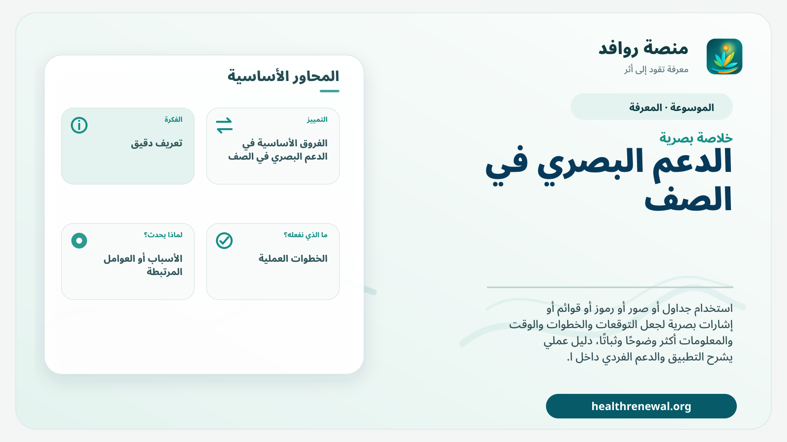 صورة بارزة من منصة روافد تلخص «الدعم البصري في الصف» بصريًا وفق محاور الصفحة الأساسية