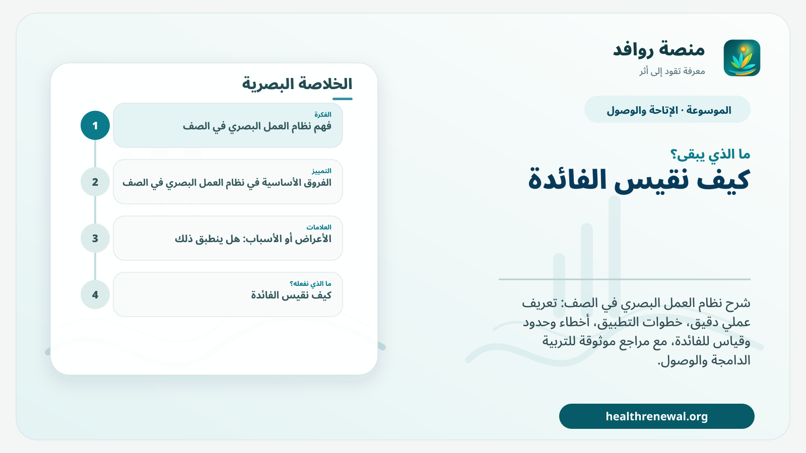 مخطط ختامي من منصة روافد يلخص «نظام العمل البصري في الصف» ويعرض أهم المحاور والخطوات التالية