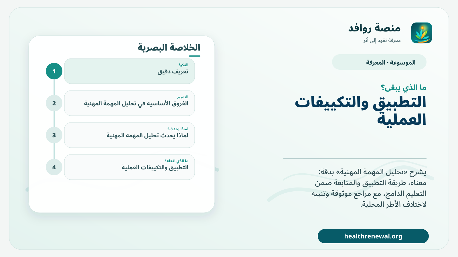 مخطط ختامي من منصة روافد يلخص «تحليل المهمة المهنية» ويعرض أهم المحاور والخطوات التالية