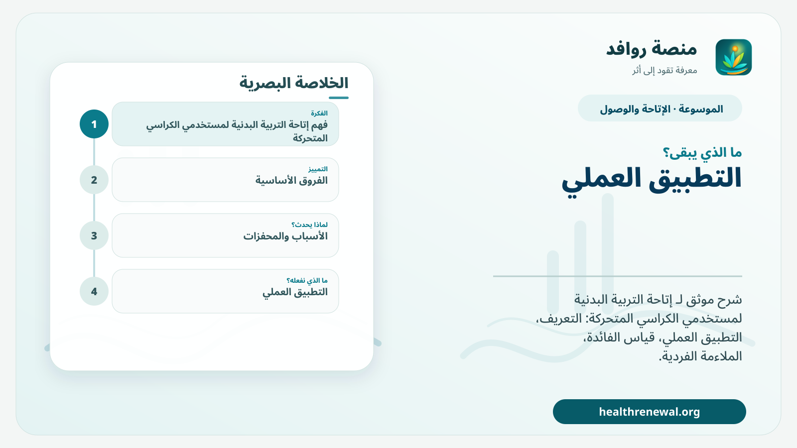 مخطط ختامي من منصة روافد يلخص «إتاحة التربية البدنية لمستخدمي الكراسي المتحركة» ويعرض أهم المحاور والخطوات التالية