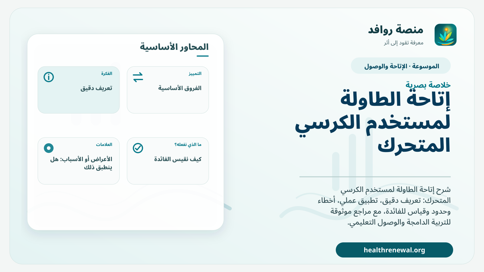 صورة بارزة من منصة روافد تلخص «إتاحة الطاولة لمستخدم الكرسي المتحرك» بصريًا وفق محاور الصفحة الأساسية