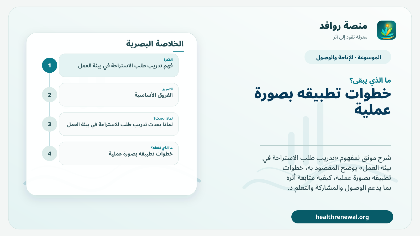 مخطط ختامي من منصة روافد يلخص «تدريب طلب الاستراحة في بيئة العمل» ويعرض أهم المحاور والخطوات التالية