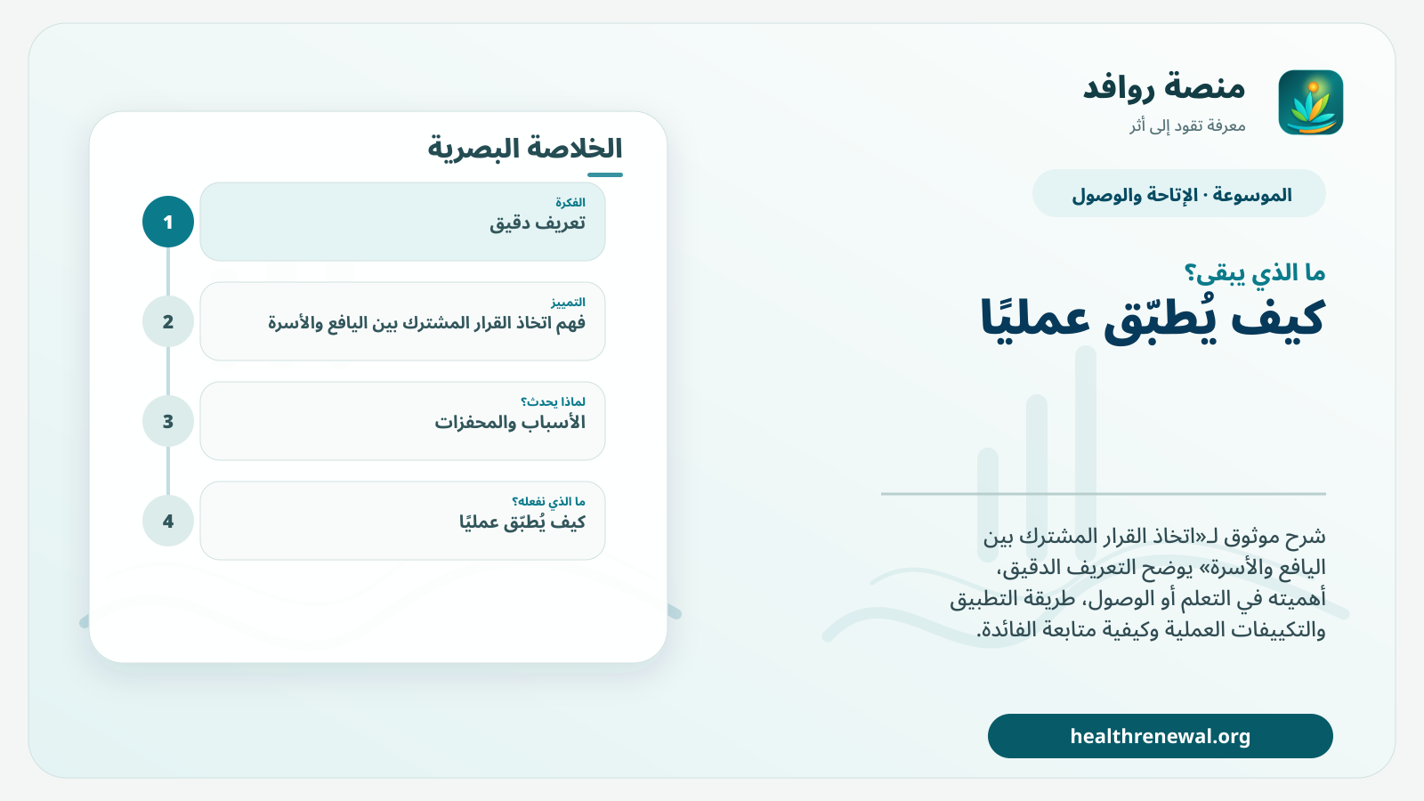 مخطط ختامي من منصة روافد يلخص «اتخاذ القرار المشترك بين اليافع والأسرة» ويعرض أهم المحاور والخطوات التالية