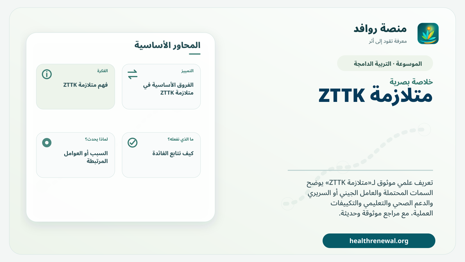 صورة بارزة من منصة روافد تلخص «متلازمة ZTTK» بصريًا وفق محاور الصفحة الأساسية