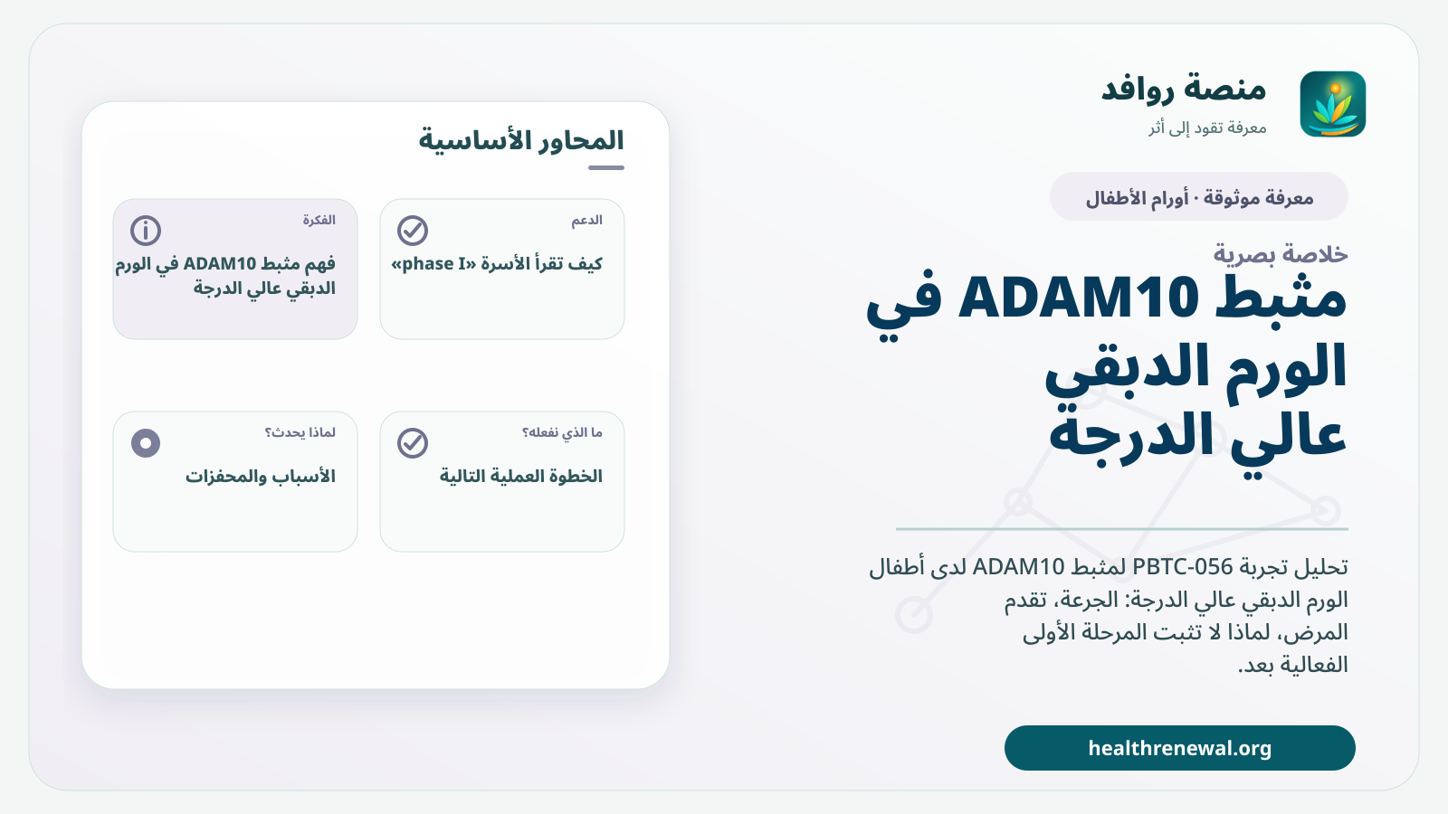 صورة بارزة من منصة روافد تلخص «مثبط ADAM10 في الورم الدبقي عالي الدرجة: ماذا تعني أول تجربة أطفال؟» بصريًا وفق محاور الصفحة الأساسية