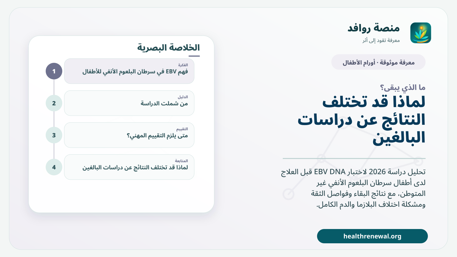 مخطط ختامي من منصة روافد يلخص «EBV في سرطان البلعوم الأنفي للأطفال: هل يتنبأ بالبقاء؟» ويعرض أهم المحاور والخطوات التالية