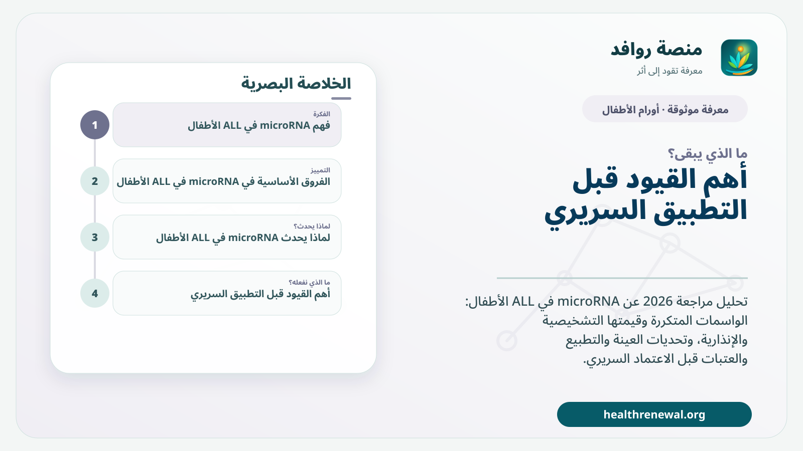مخطط ختامي من منصة روافد يلخص «microRNA في ALL الأطفال: هل أصبح فحصًا تشخيصيًا؟» ويعرض أهم المحاور والخطوات التالية