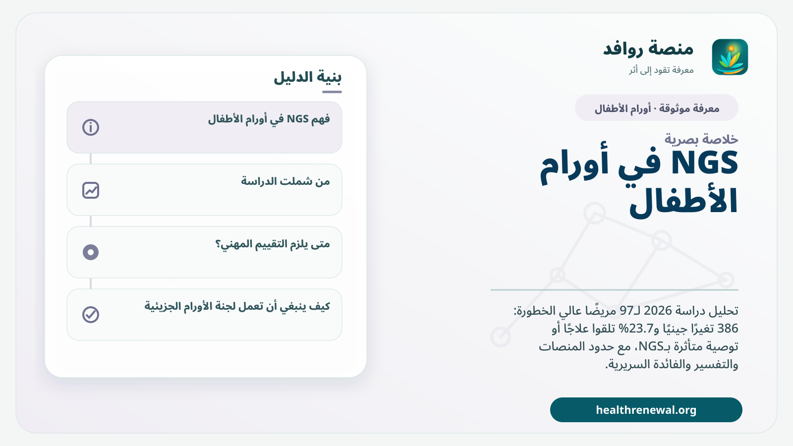 صورة بارزة من منصة روافد تلخص «NGS في أورام الأطفال: ماذا غيّر لدى 97 مريضًا؟» بصريًا وفق محاور الصفحة الأساسية