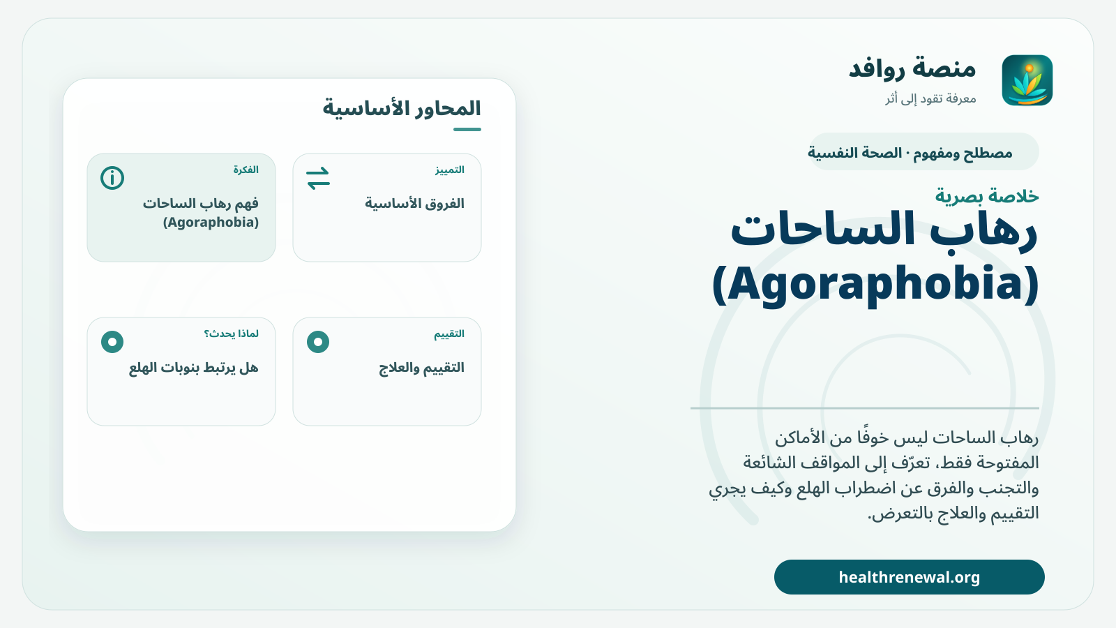 صورة بارزة من منصة روافد تلخص «رهاب الساحات (Agoraphobia)» بصريًا وفق محاور الصفحة الأساسية