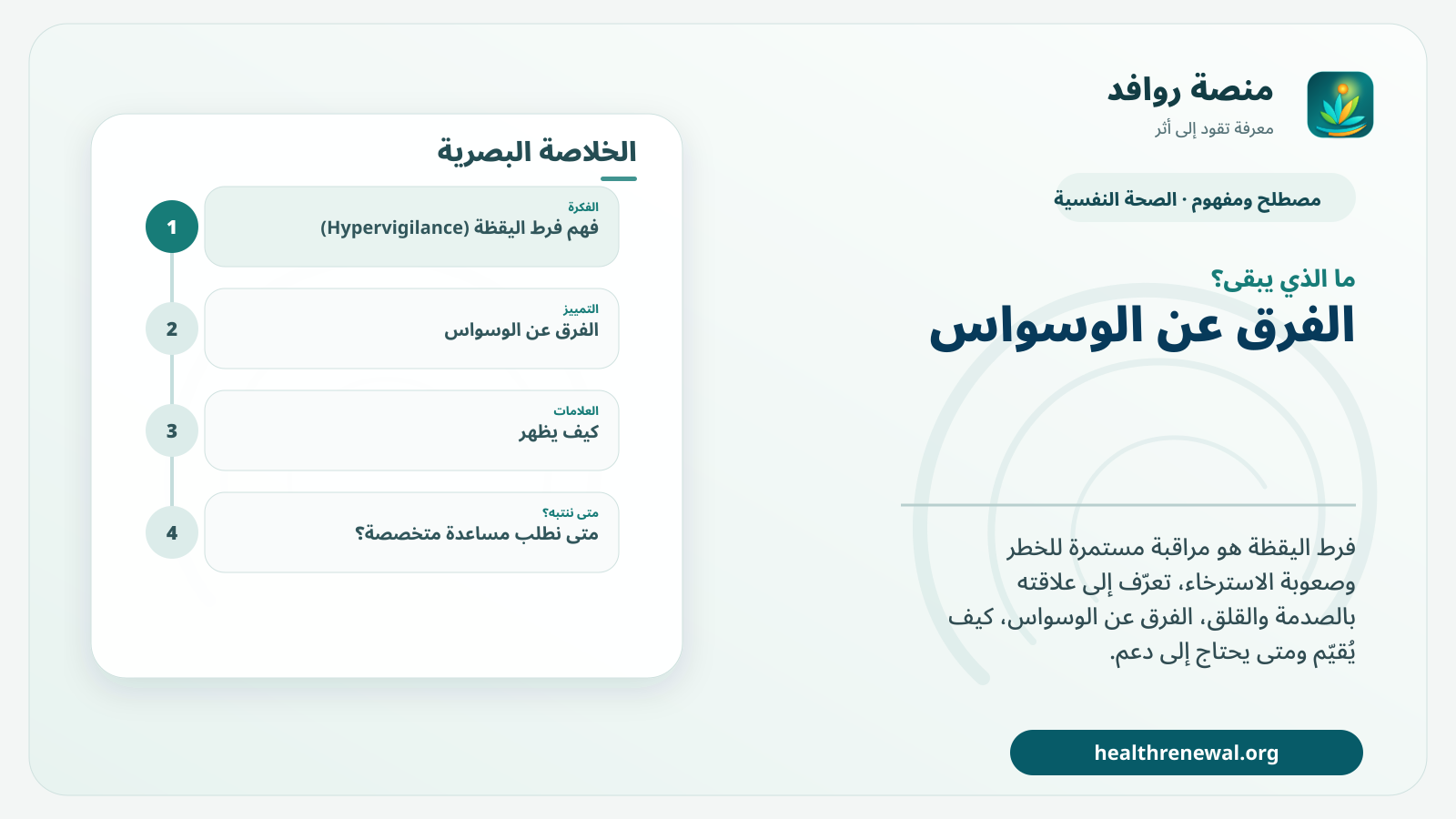 مخطط ختامي من منصة روافد يلخص «فرط اليقظة (Hypervigilance)» ويعرض أهم المحاور والخطوات التالية