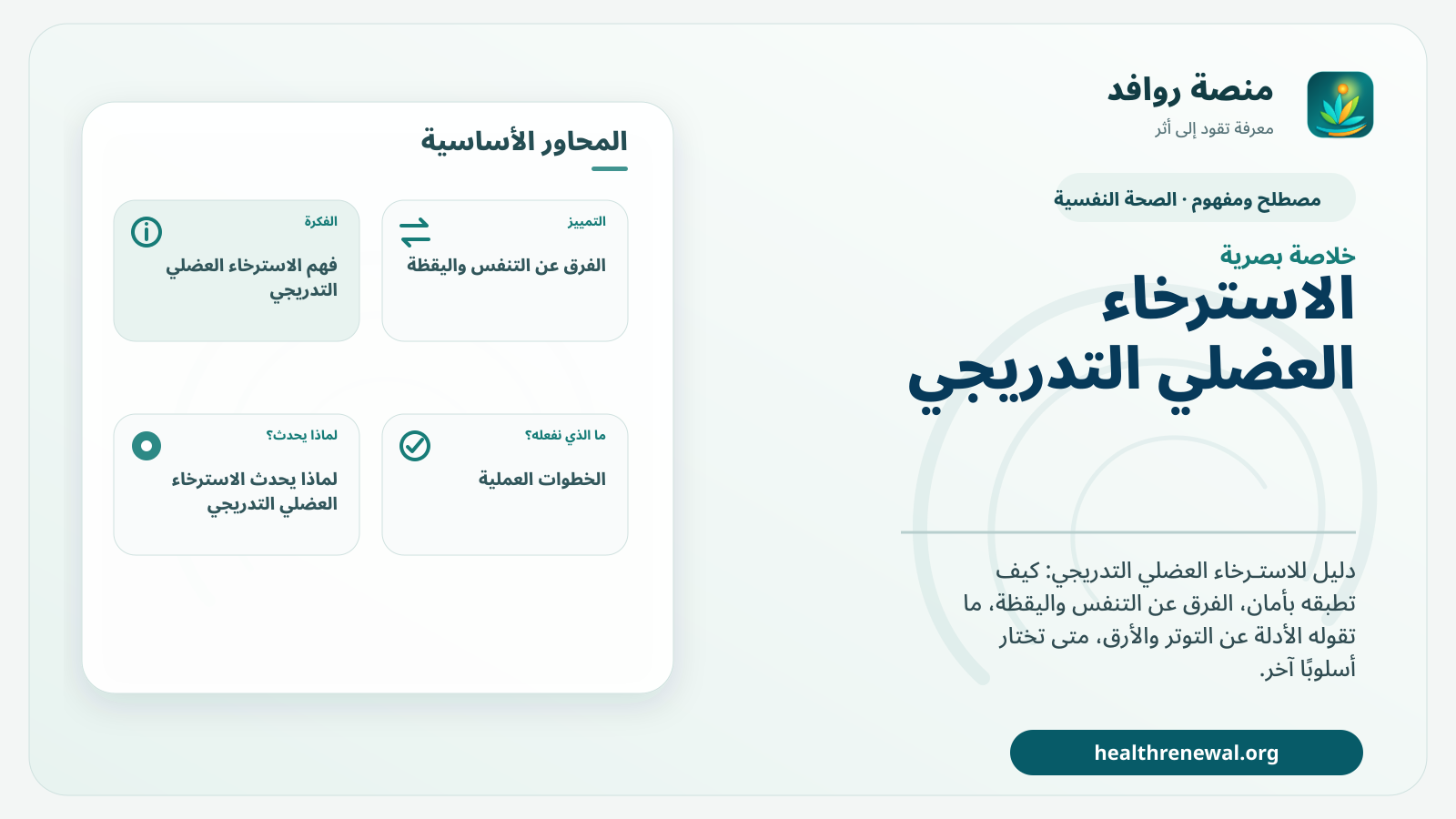 صورة بارزة من منصة روافد تلخص «الاسترخاء العضلي التدريجي» بصريًا وفق محاور الصفحة الأساسية