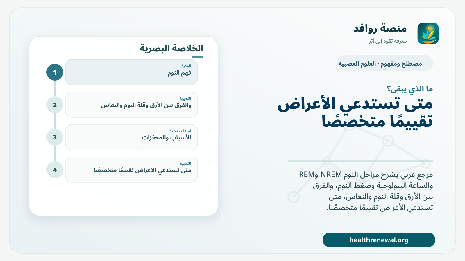 مخطط ختامي من منصة روافد يلخص «النوم: المراحل والتنظيم اليومي ومتى يصبح اضطرابًا» ويعرض أهم المحاور والخطوات التالية