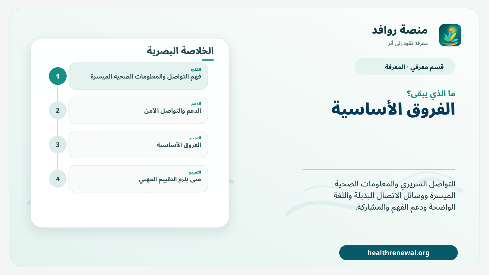 مخطط ختامي من منصة روافد يلخص «التواصل والمعلومات الصحية الميسرة» ويعرض أهم المحاور والخطوات التالية