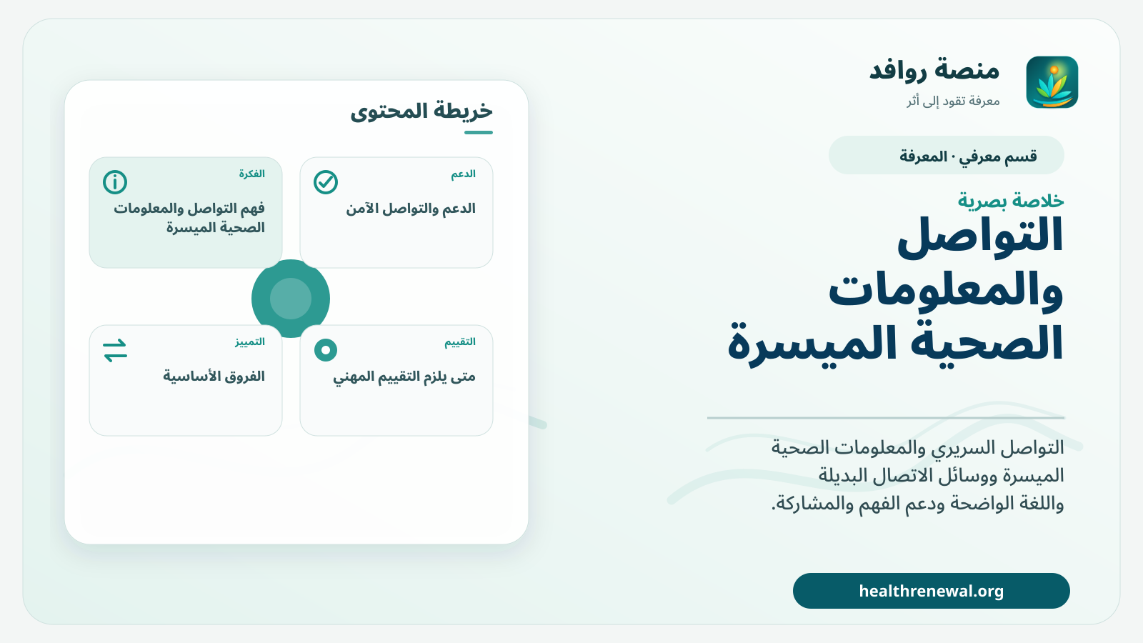 صورة بارزة من منصة روافد تلخص «التواصل والمعلومات الصحية الميسرة» بصريًا وفق محاور الصفحة الأساسية