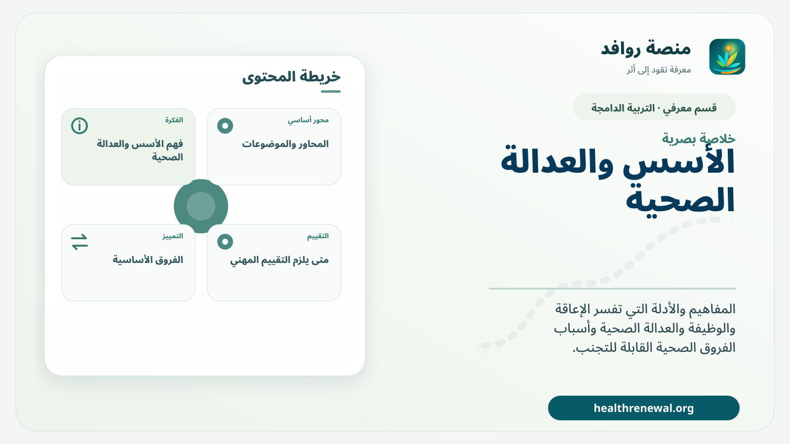 صورة بارزة من منصة روافد تلخص «الأسس والعدالة الصحية» بصريًا وفق محاور الصفحة الأساسية
