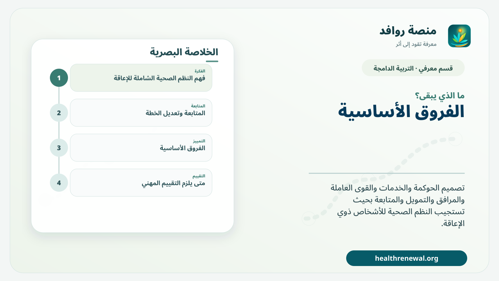 مخطط ختامي من منصة روافد يلخص «النظم الصحية الشاملة للإعاقة» ويعرض أهم المحاور والخطوات التالية