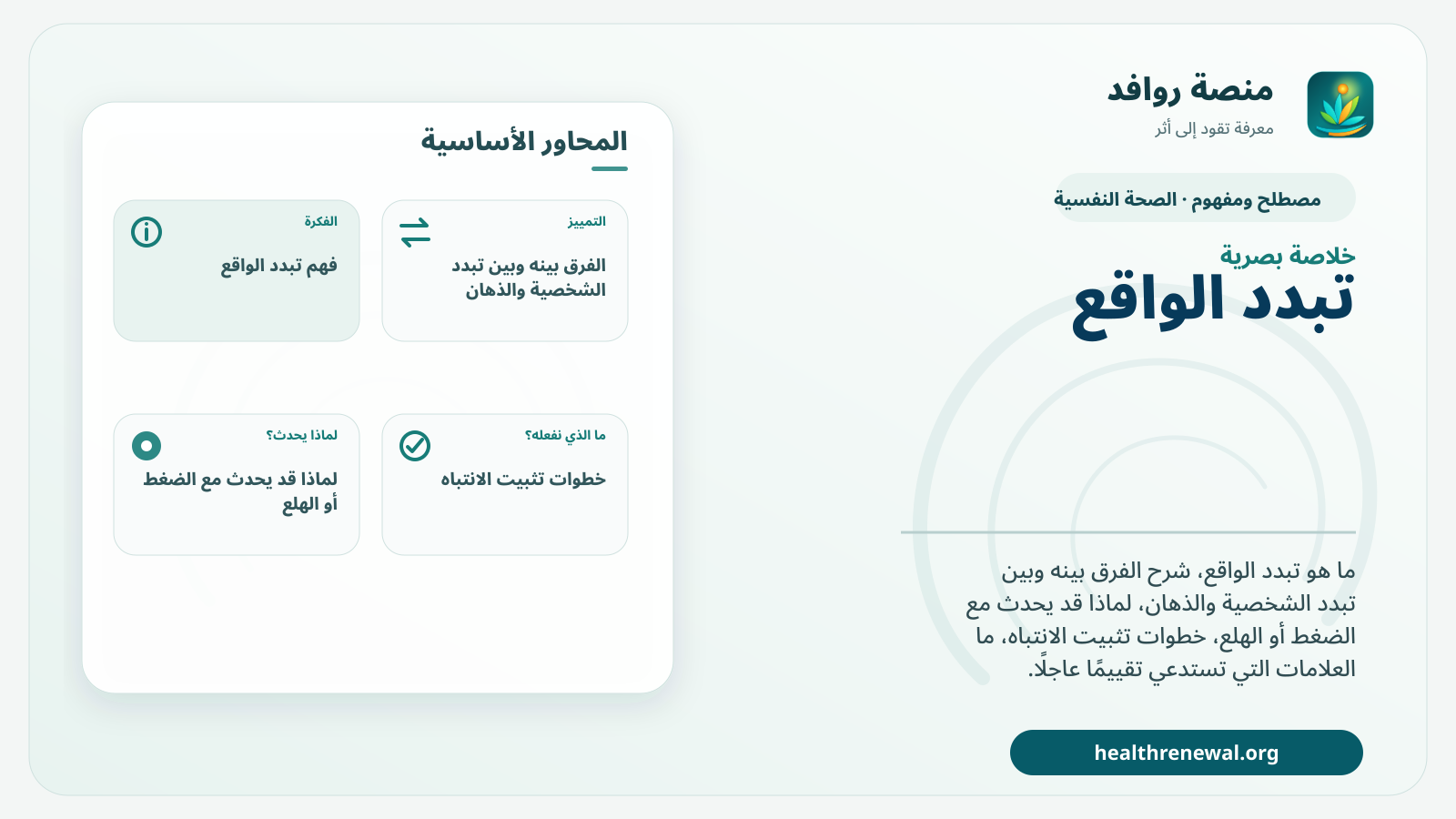 صورة بارزة من منصة روافد تلخص «تبدد الواقع: لماذا تبدو البيئة غير حقيقية رغم معرفة أنها حقيقية؟» بصريًا وفق محاور الصفحة الأساسية