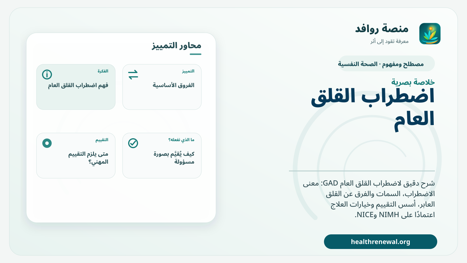 صورة بارزة من منصة روافد تلخص «اضطراب القلق العام: المعنى، السمات، والفرق عن القلق العابر» بصريًا وفق محاور الصفحة الأساسية