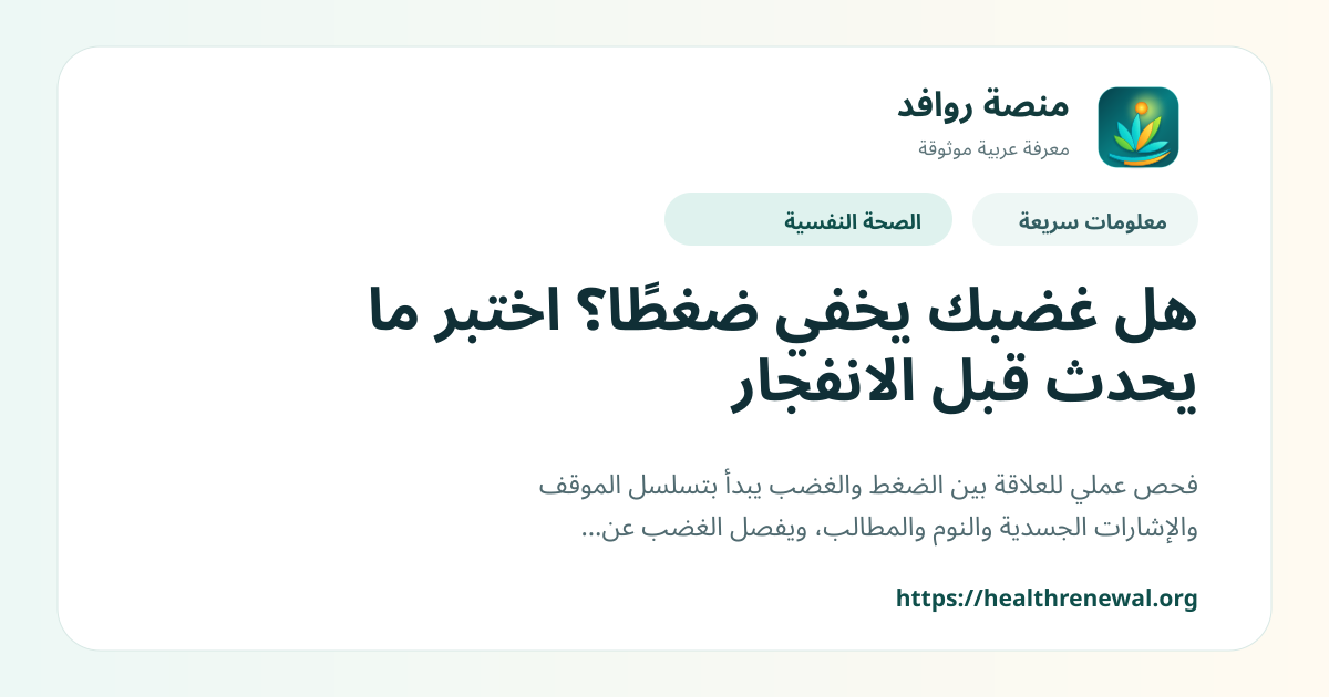 بطاقة معلومات سريعة من منصة روافد بعنوان «هل غضبك يخفي ضغطًا؟ اختبر ما يحدث قبل الانفجار»